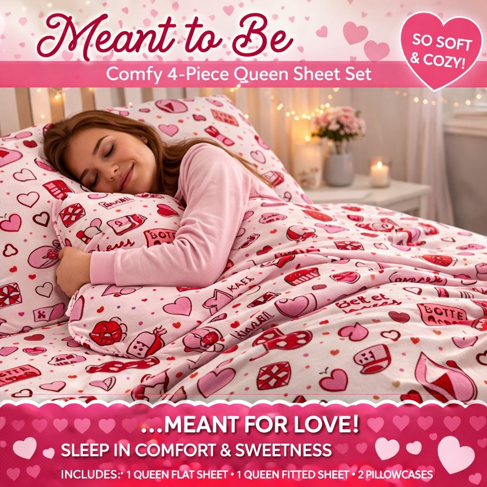 Que Heart and Dice Queen Sheet Set - Red and Pink